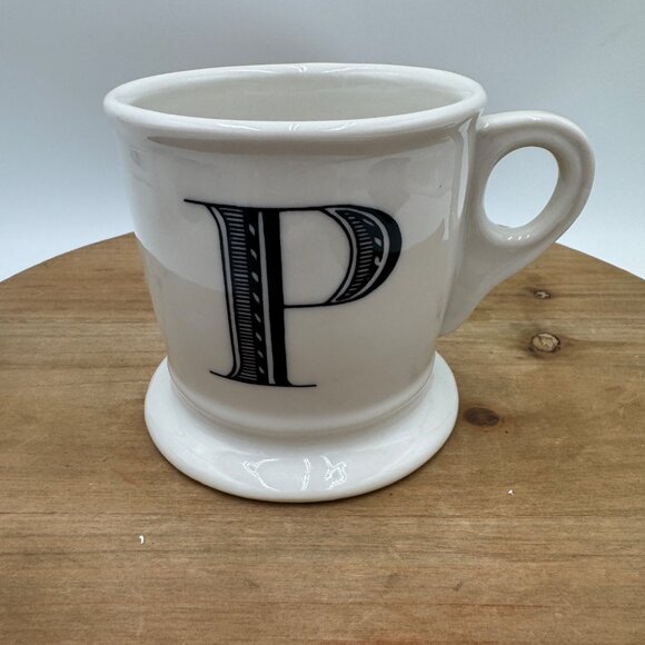 Anthropologie Letter P Initial Coffee Mug White Black Retro Shaving Cup Monogram - Picture 1 of 7